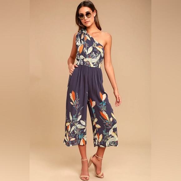 Free People Island Time Blue Floral Wide Leg Jumpsuit One Shoulder cropped boho - Picture 3 of 12